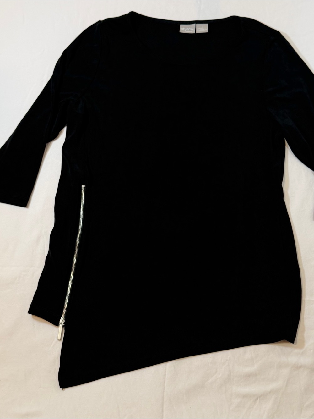 Chico's Traveler’s Black Long-Sleeve Asymmetric Zip-Accent Top